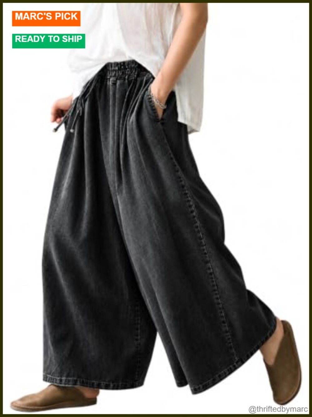 Plus Size Wide Leg Baggy Jeans Elastic Waist Loose Denim Pants Deep Pockets